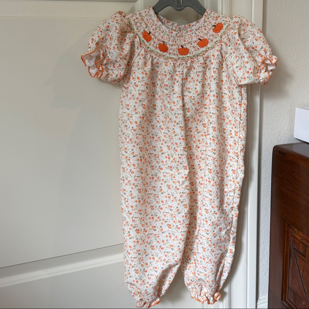 Smocked Floral Baby Romper with Orange Pumpkins